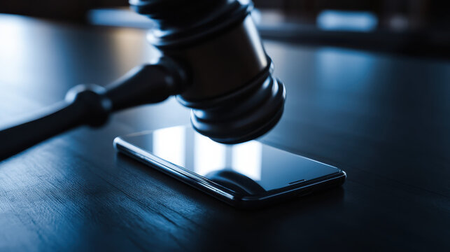 Judge gavel on smartphone symbolising social media regulation digital law privacy rights and online platform governance concept