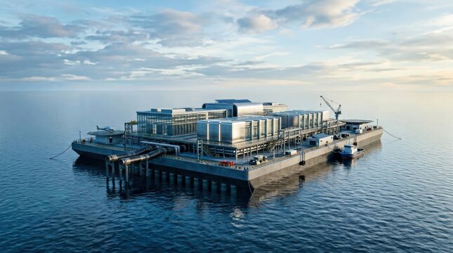 Large offshore data center facility on sea platform, cloud infrastructure concept, sustainable cooling technology.