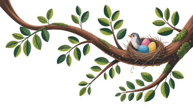 Bird sitting in nest on tree branch with colorful eggs