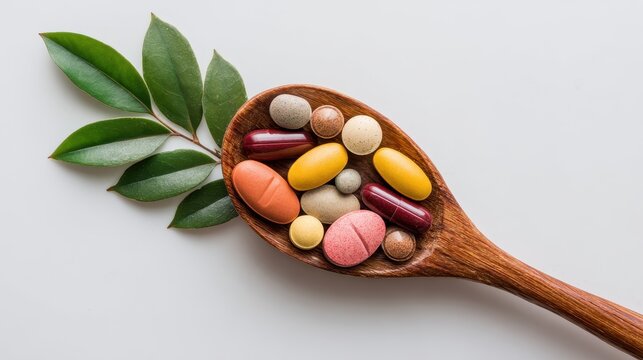 premium Wooden spoon with various dietary supplements and green leaves isolated on white background background