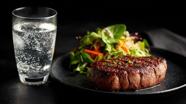 premium Grilled steak with fresh salad and a glass of sparkling water on a black surface background