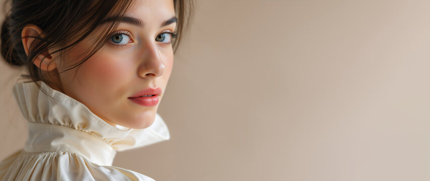 Portrait of a young woman looking over her shoulder in a cream ruffled blouse. Spring fashion concept on a beige backdrop