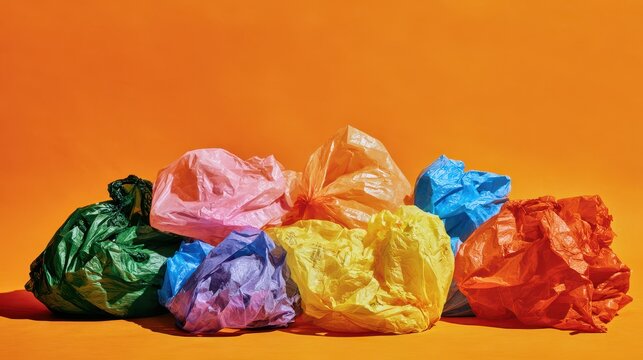 premium Colorful plastic trash bags piled against an orange background background