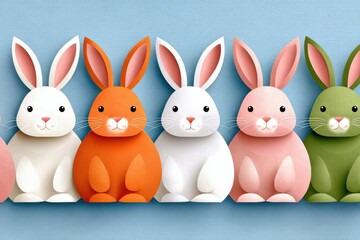 Fototapeta premium Row of pastel paper-cut Easter bunnies in colorful 3D style for spring celebration and decor