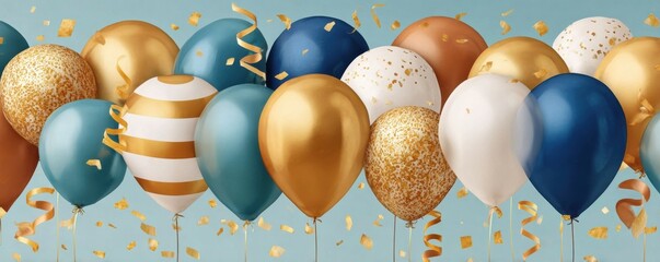 Fototapeta premium Blue and gold balloons with confetti and streamers for elegant birthday celebration background