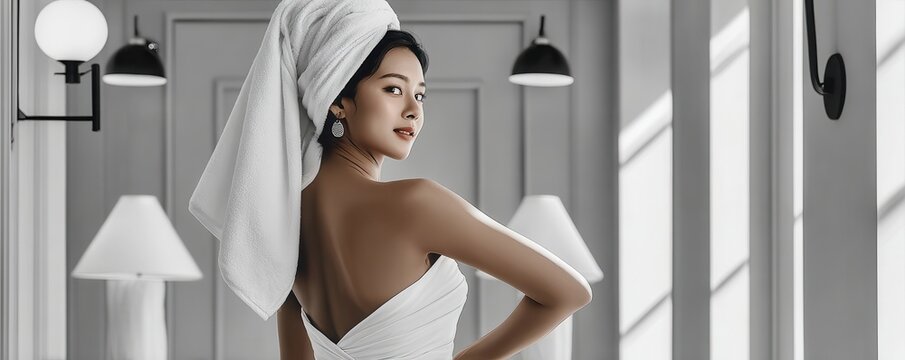 Beautiful Japanese woman wrapped in a white towel looking over her shoulder in an elegant bathroom