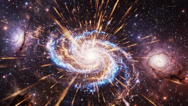 Cosmic Spark Galaxies collide in swirling with starfilled nebula explosion.