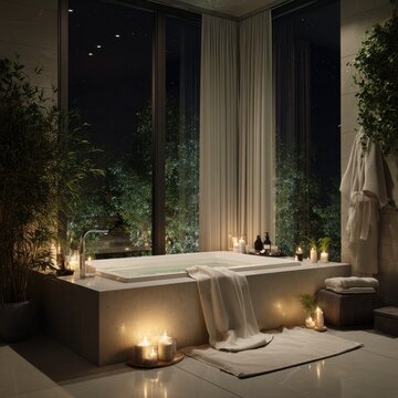 premium Luxury bathroom interior with bathtub and candlelight at night background