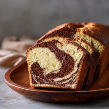 premium Slice of homemade marble pound cake on a rustic wooden platter background