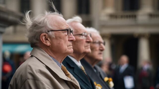 Korean War armistice anniversary ceremony at a granite monument in light rain, elderly Korean War veterans in formal coats, poppy wreaths at the base, forgotten war recognition, mi