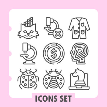 Cat head, microscope, bug minimalist icons set including science, clothing, money, creativity and insects items in outline style for apps and print on white background. Set of nine line icons.