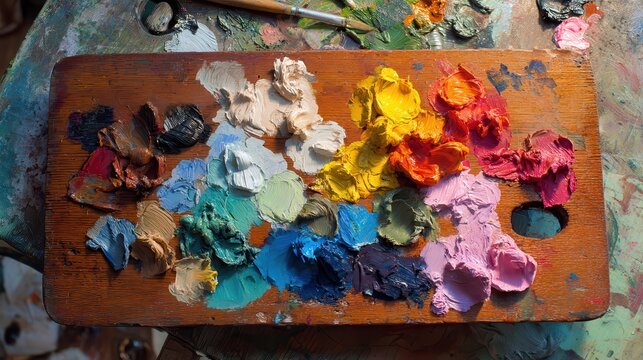 premium Artist wooden palette with colorful oil paints background