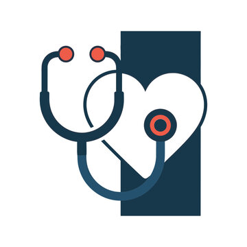 A stethoscope is placed on a heart with a medical symbol nearby indoors.