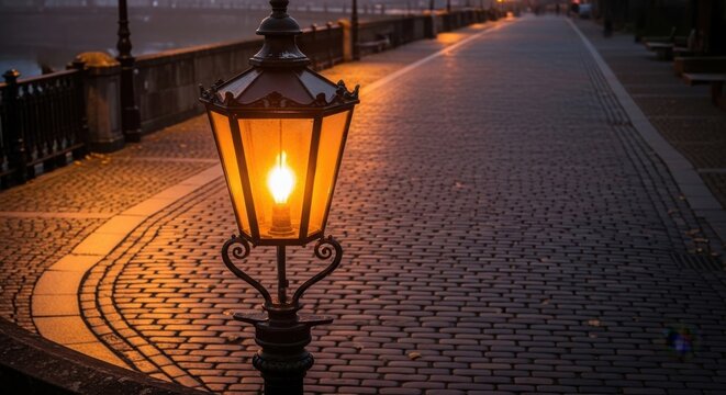 Ornate Historic Lamppost Illuminating a Cobblestone Street at Evening