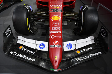 Fototapeta premium Scarperia; Italy - October 24th 2025: Ferrari F1 75 ex Charles Leclerc and Carlos Sainz on display during Ferrari World Finals 2025 at Mugello Circuit in Italy.
