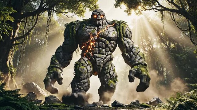 Powerful Rock Golem Rises in Lush Jungle with Sunbeams