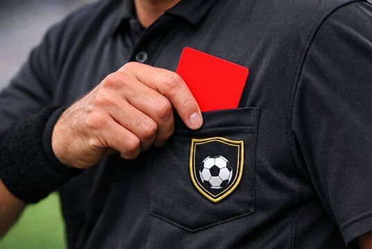 A football referee in a black uniform holds a red card in his hands, ready to award a penalty during the match on the field.