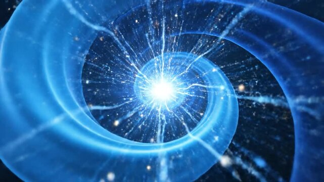 Abstract Blue Spiral Energy Tunnel with Light Particles and Electric Arcs.