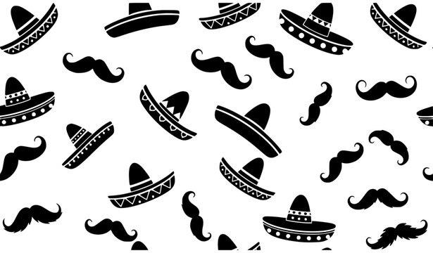 Cinco de Mayo sombrero and mustache silhouettes collection festive Mexican vector illustration set