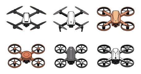 Fototapeta premium Modern drone technology icons set featuring various professional quadcopter designs for aerial video.