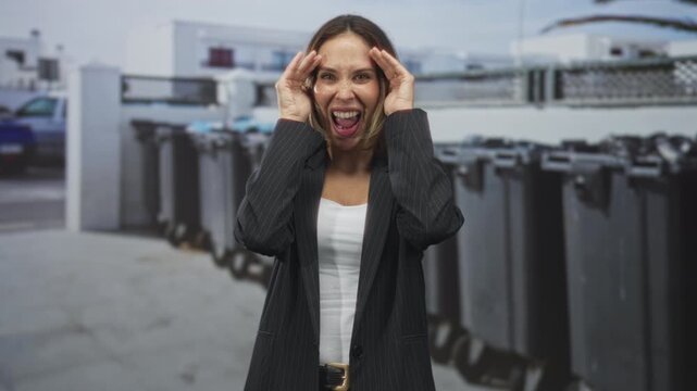 Woman in pinstripe blazer covers her face with both hands while standing before a row of trash bins on a street by a building and parked car; playful.