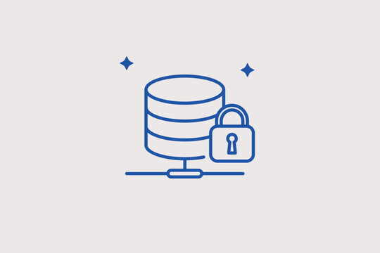 Database server tower with a padlock symbolizing secure data management. Accurate Vector Illustration and line icon is ideal for server protection, IT infrastructure, and cyber security.