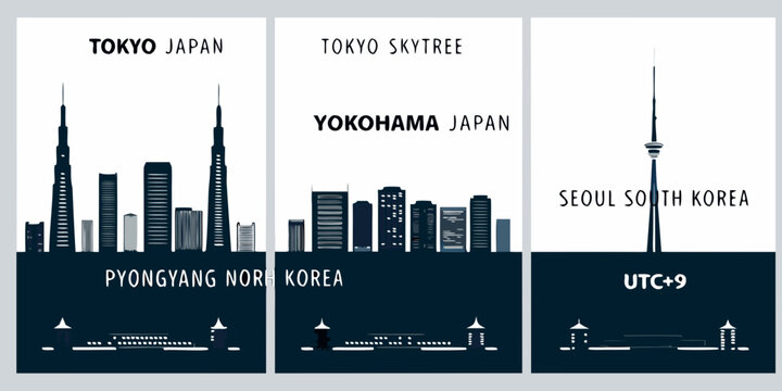 Minimalist city skylines of tokyo yokohama pyongyang and seoul