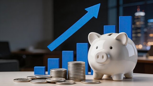 Business piggy bank with money coins stacks successful saving and investment concept blue chart arrow growth rising up in office room future finance plan strategy