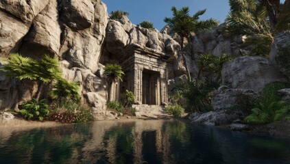 Naklejka premium Ancient Stone Temple Entrance Hidden Within Rocky Cliffside Overgrown With Lush Greenery Reflecting In Calm Pond Water Under Clear Blue Sky