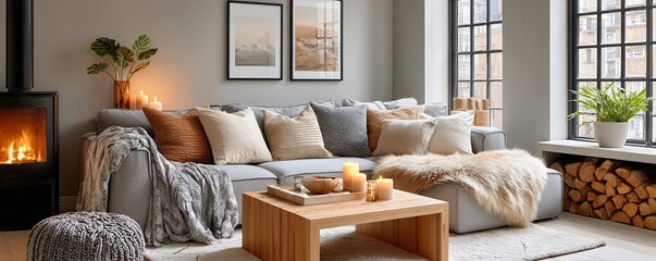 Naklejka premium Cozy Scandinavian living room with wood-burning stove, soft textiles and warm natural light
