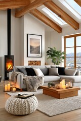 Naklejka premium Cozy Scandinavian living room with fireplace, wooden beams, neutral sofa and candlelit coffee table