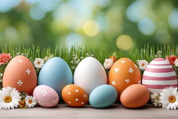 Fototapeta premium Easter eggs and spring flowers on grass with pastel background for holiday decoration