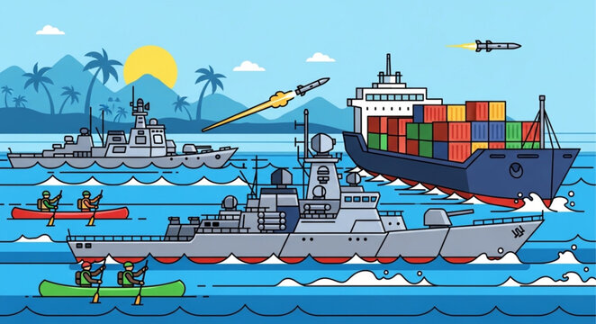 Naval fleet sailing on the ocean with cargo ship and kayaks.