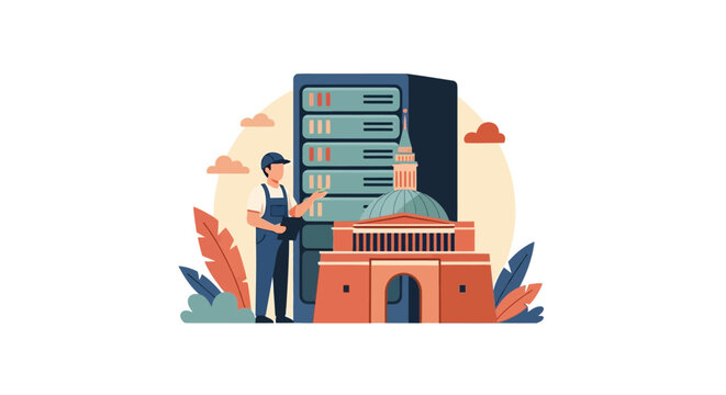 Man standing next to server tower.
