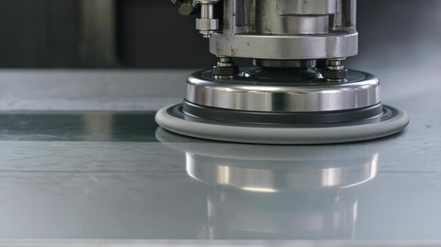 Industrial machine polishing metallic surface with circular motion, close-up view