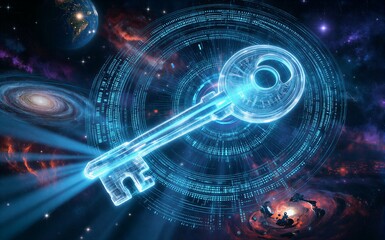 Fototapeta premium A glowing digital key unlocks cosmic data within a star-filled