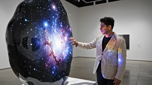 Man touching abstract black sculpture in modern gallery