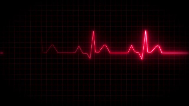 ECG monitor beating heart with a neon electrocardiogram overlay, featuring dynamic HUD elements and a gradient background.Abstract neon heartbeat signal icon animation black background .