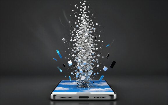 Smartphone shatters into digital fragments releasing data particles