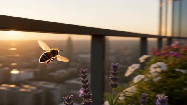 Energetic macro FPV transition from lavender bee to sunset city skyscrapers