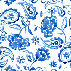 seamless pattern with watercolor floral ornaments. oriental blue print. paisley © Tatiana