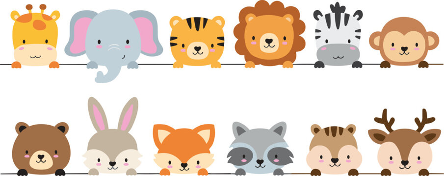 Cute jungle and forest animal characters peeking over a border featuring lion elephant giraffe tiger zebra monkey bear rabbit fox raccoon and deer for kids nursery decor.