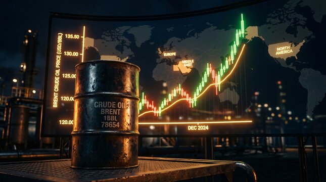 Industrial oil barrel price hike with rising  market graph showing crude price growth against world map
