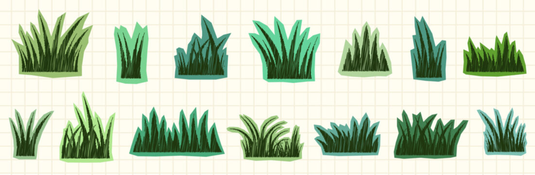 Vector cutout grass for scrapbook and collage, doodle graphic design elements for creative backgrounds