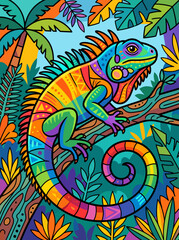 Obraz premium Vibrant illustration of a colorful iguana, calmly perched on a jungle branch, surrounded by lush tropical foliage and intricate patterns.