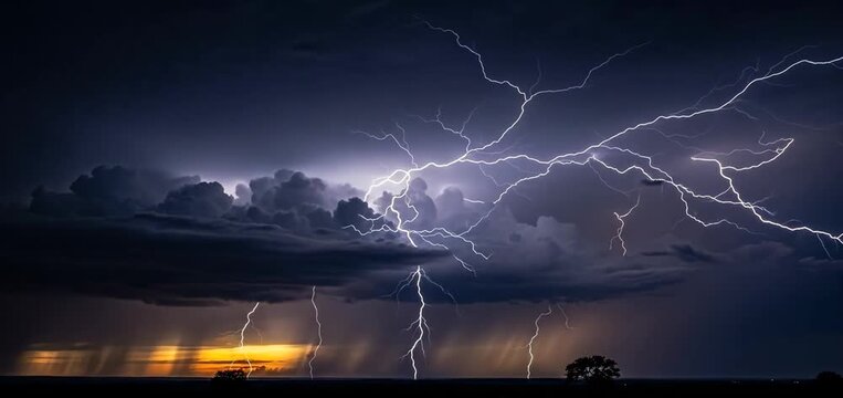 Dramatic lightning strikes illuminate a dark, stormy sky over a landscape.