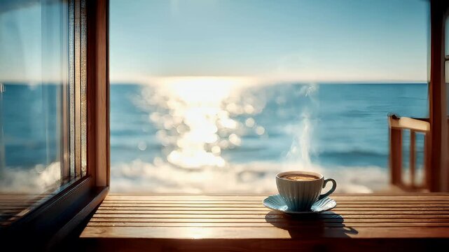 Spring Summer outdoor leisure relaxation activity. A serene seascape scene captured from a window, with a cup of steaming coffee on a saucer placed on a wooden table.