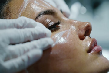 Obraz premium A detailed, close-up shot shows a skincare expert applying a nourishing treatment to a female client's face, emphasizing beauty ritual elements and professional care in skincare routines.