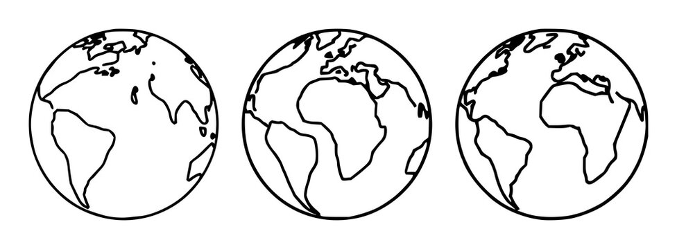 Earth icon set with simple black line art on white background featuring globe, earth, planet, outline, minimalist with vector and illustration