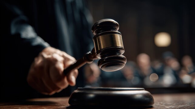 Judges Gavel Strikes Wood with Justice Decided in Courtroom Drama.